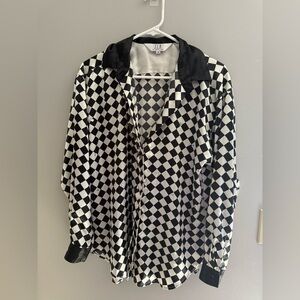 VTG SLB By Sunny Leigh Button Up Blouse Womans SZ M Silky Checkered Beaded Retro